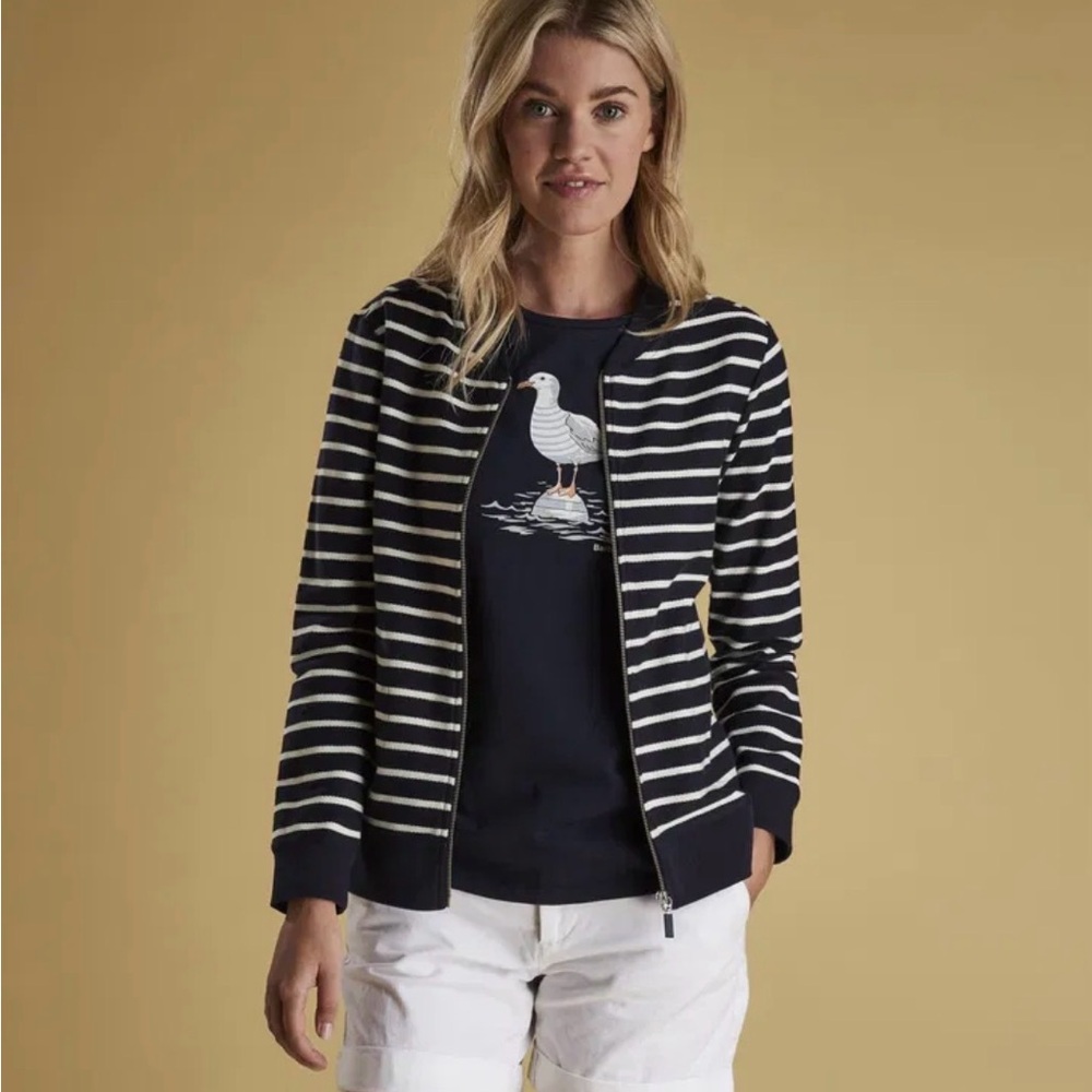 Barbour Navy & White Striped Knit Seaward Nautical Jacket Bomber Sz 4 Small